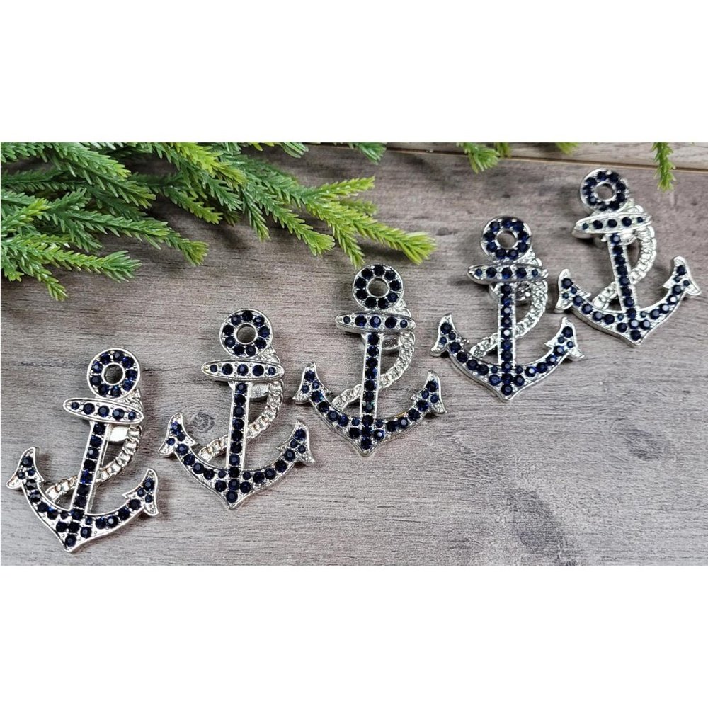 5 Nautical Anchor Rhinestone Silver Metal Magnets by All For Giving Gifts NEW🤩